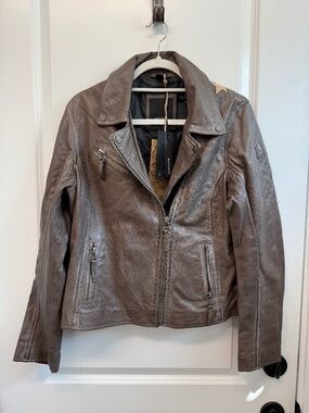 Mauritius NWT Christy Star Distressed Lambskin Leather Biker Jacket US 14